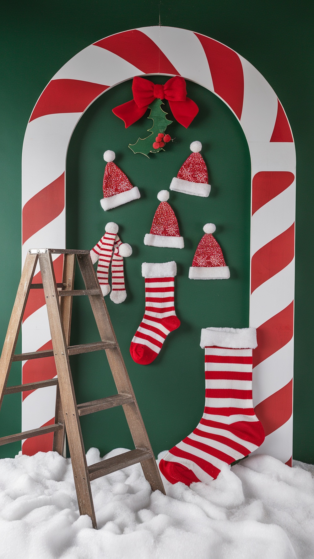 A festive holiday photo booth setup with a green backdrop, candy cane arch, red and white hats, striped stockings, and a snowy floor.
