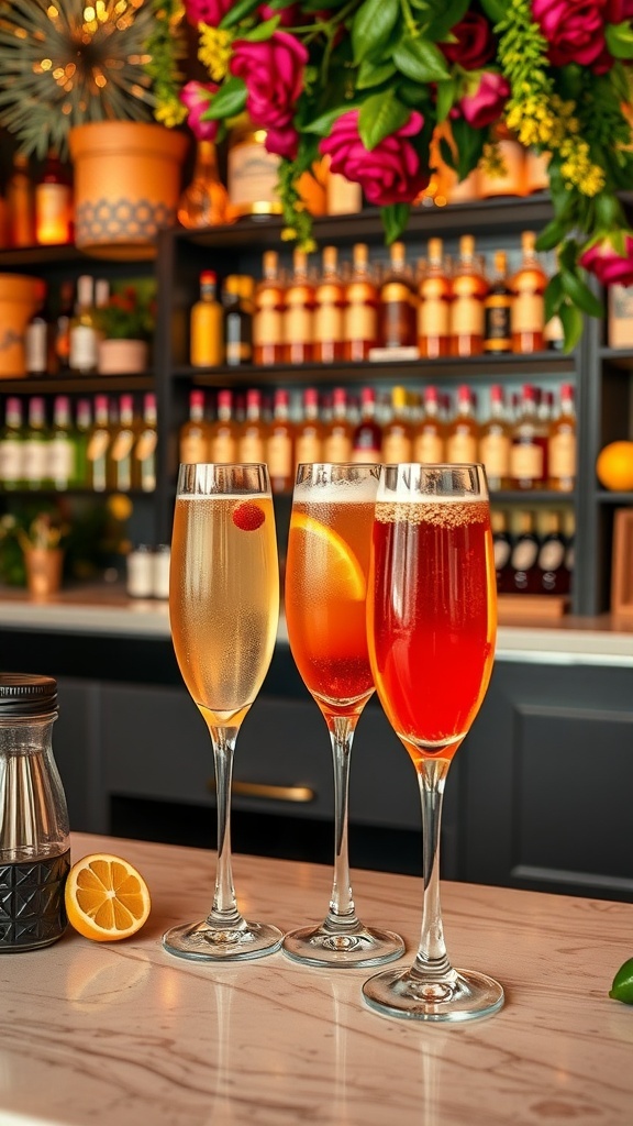 A vibrant display of three different mimosas in elegant glassware, featuring garnishes of fruits, set against a backdrop of a well-stocked bar.