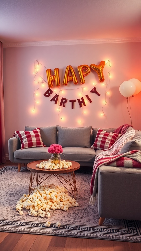 A cozy living room decorated for a birthday celebration with popcorn on the table and a 'HAPPY BIRTHDAY' banner.