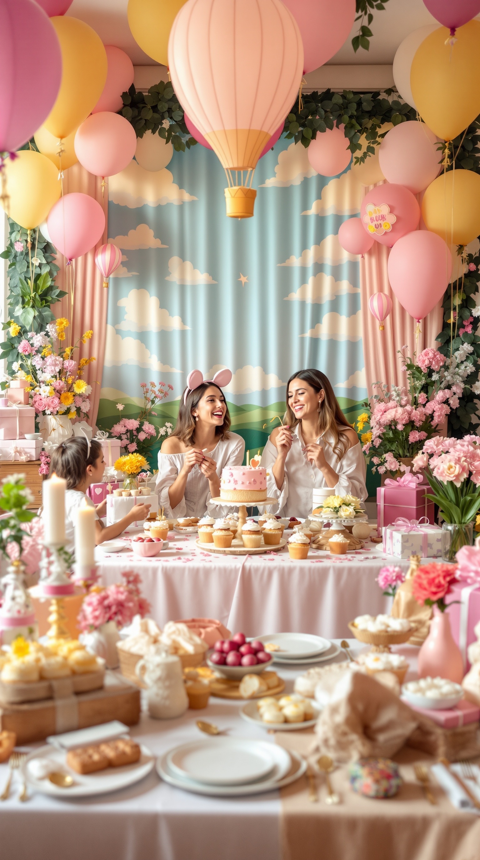 A vibrant hot air balloon themed baby shower photo booth setup with balloons, flowers, and a dessert table.