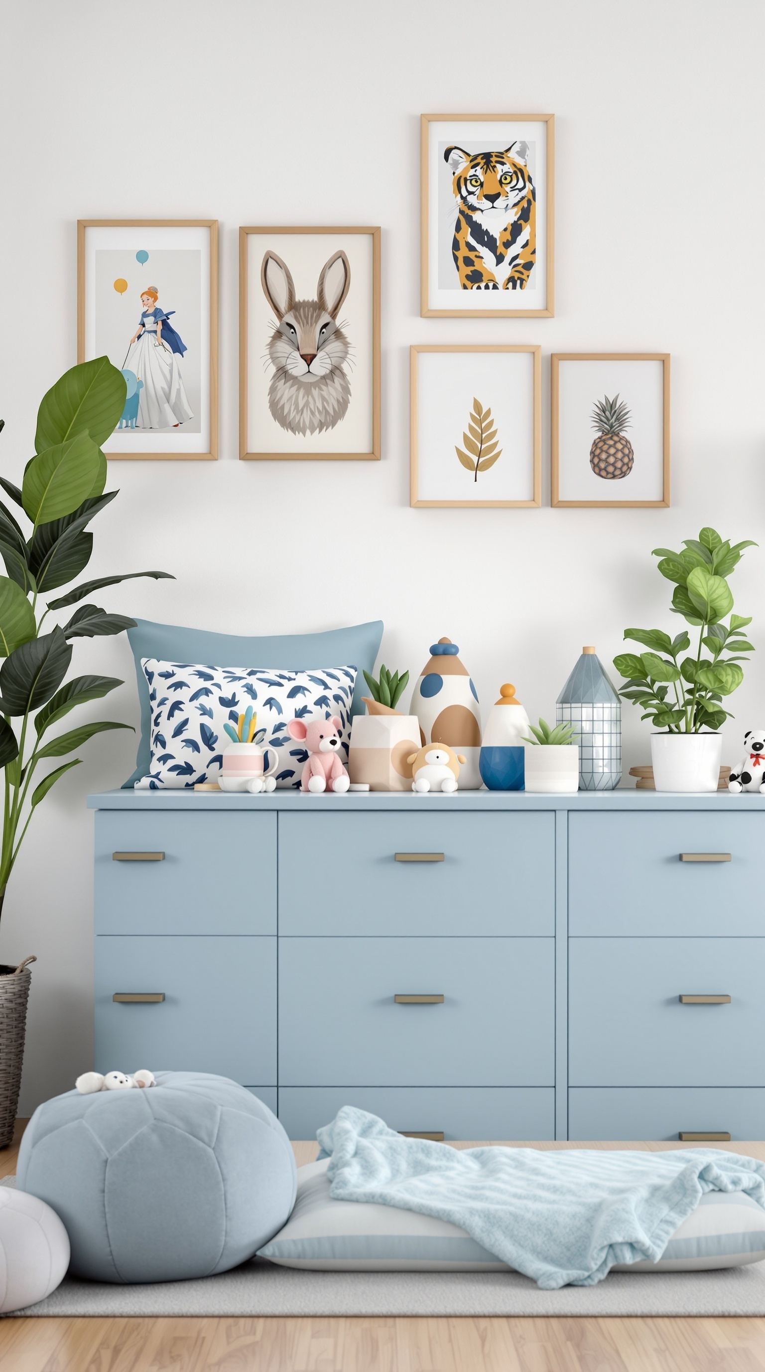 A stylish kids' room featuring a blue dresser, framed animal art, plush toys, and cozy cushions.