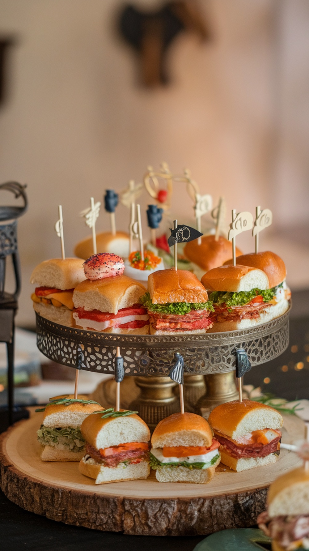 A tiered platter of themed sandwich sliders featuring various fillings and decorative picks.