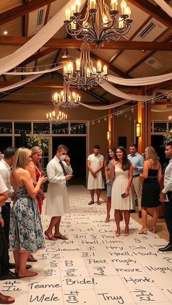 Guests participating in a themed scavenger hunt at a bridal shower, with clues written on the floor and festive decorations.