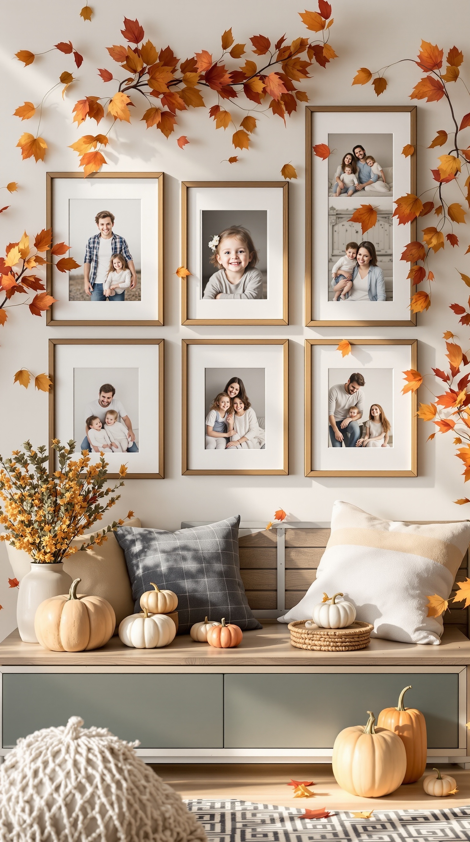 A cozy family photo display with autumn decorations, featuring framed pictures and pumpkins.