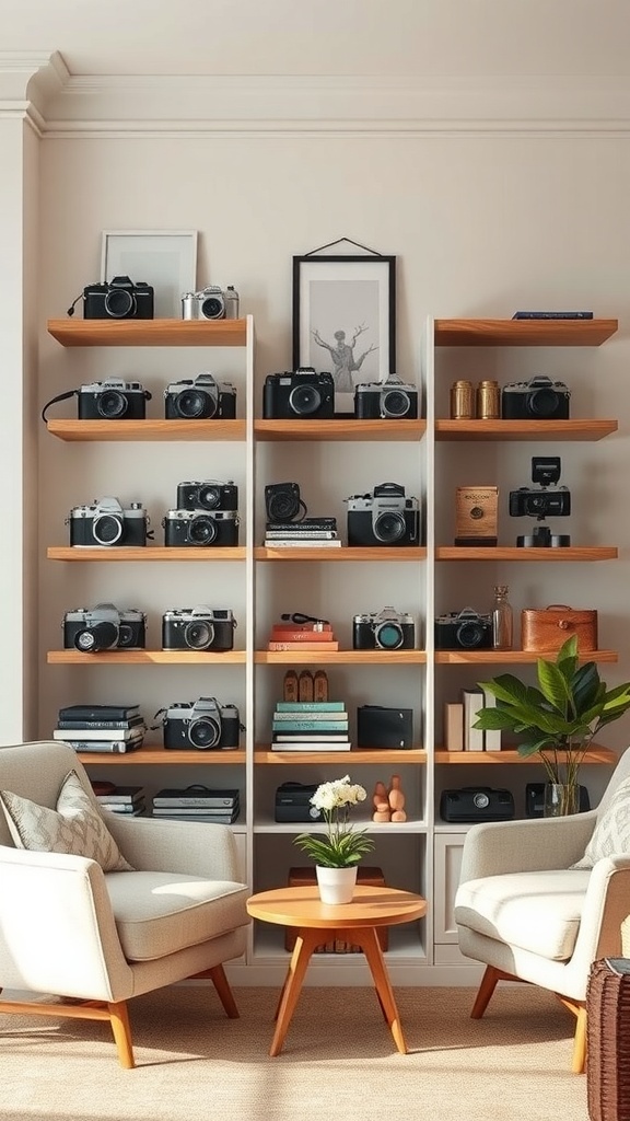 A wall shelf displaying a collection of cameras with cozy seating in front.
