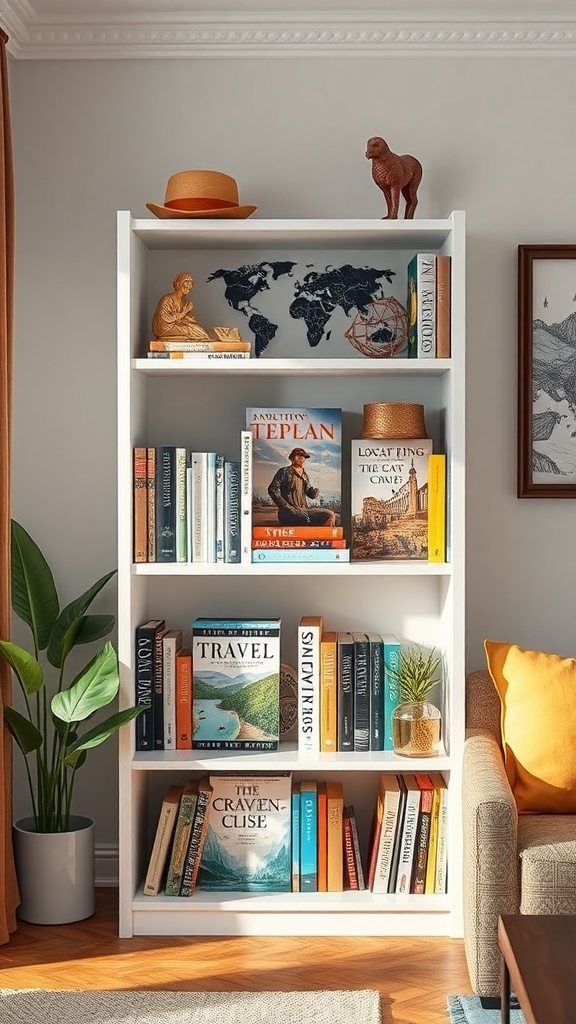 A themed small bookshelf displaying travel and adventure books with decorative items.