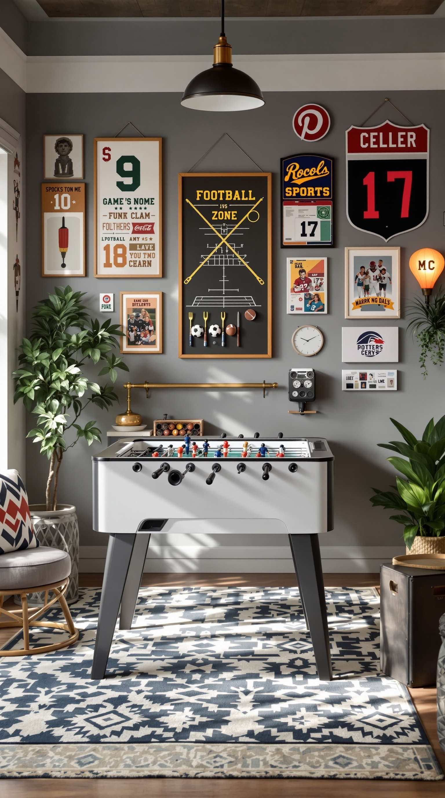 A themed sports zone featuring a foosball table, sports memorabilia on the walls, and cozy seating.
