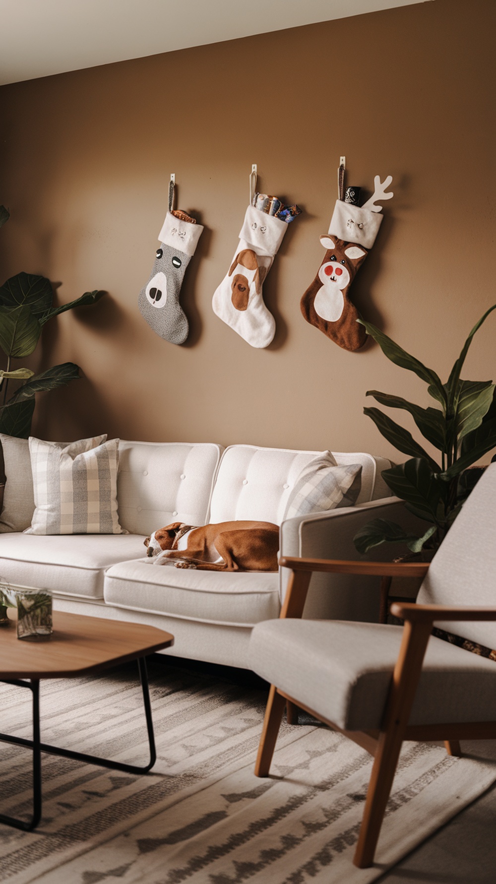 A cozy living room with themed Christmas stockings for pets hanging on the wall, featuring animal designs.
