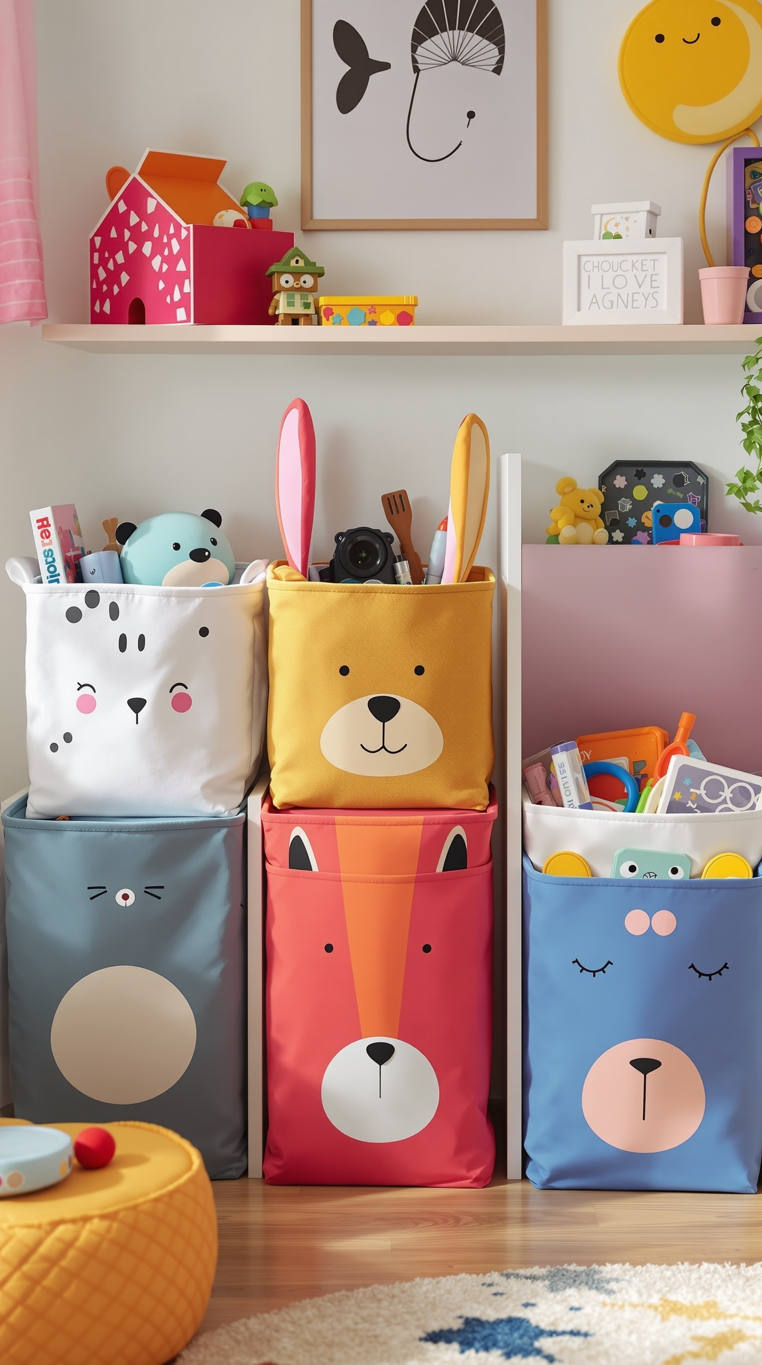 Colorful themed storage bins featuring animal designs for organizing toys.