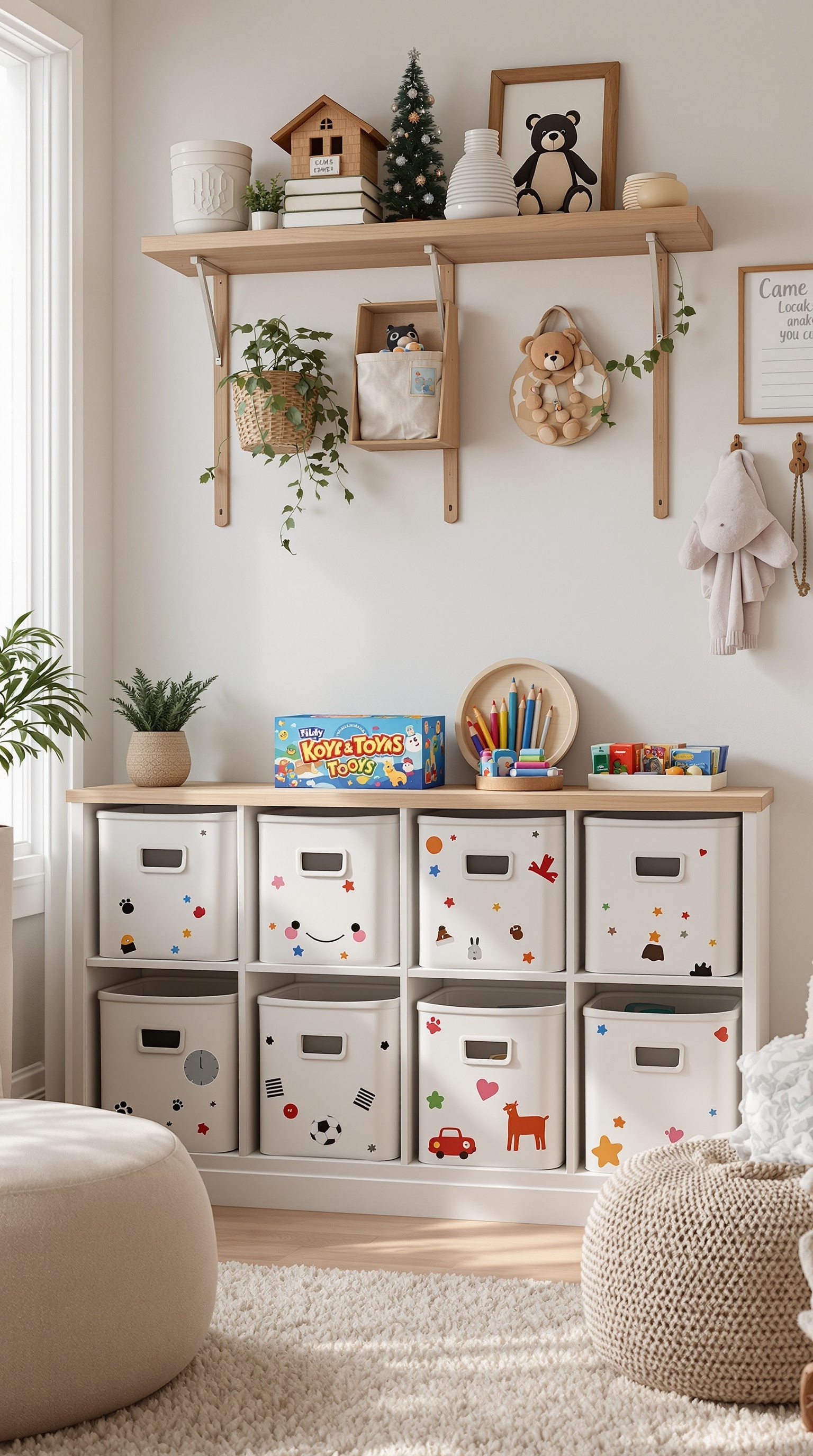 A toy room with themed storage containers featuring playful stickers, a cozy shelf with decorative items, and a tidy layout.