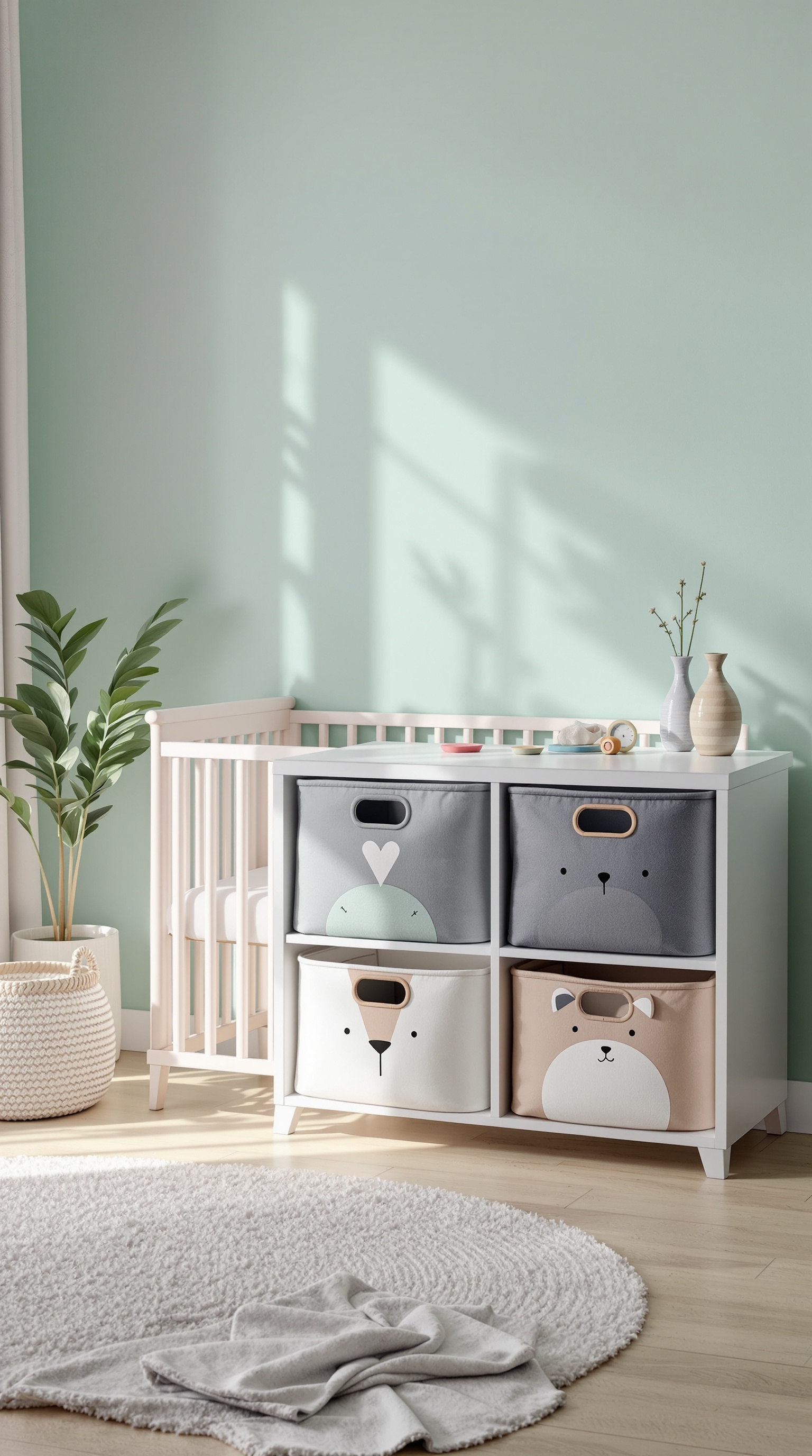 A nursery with a crib and themed storage bins featuring animal designs.