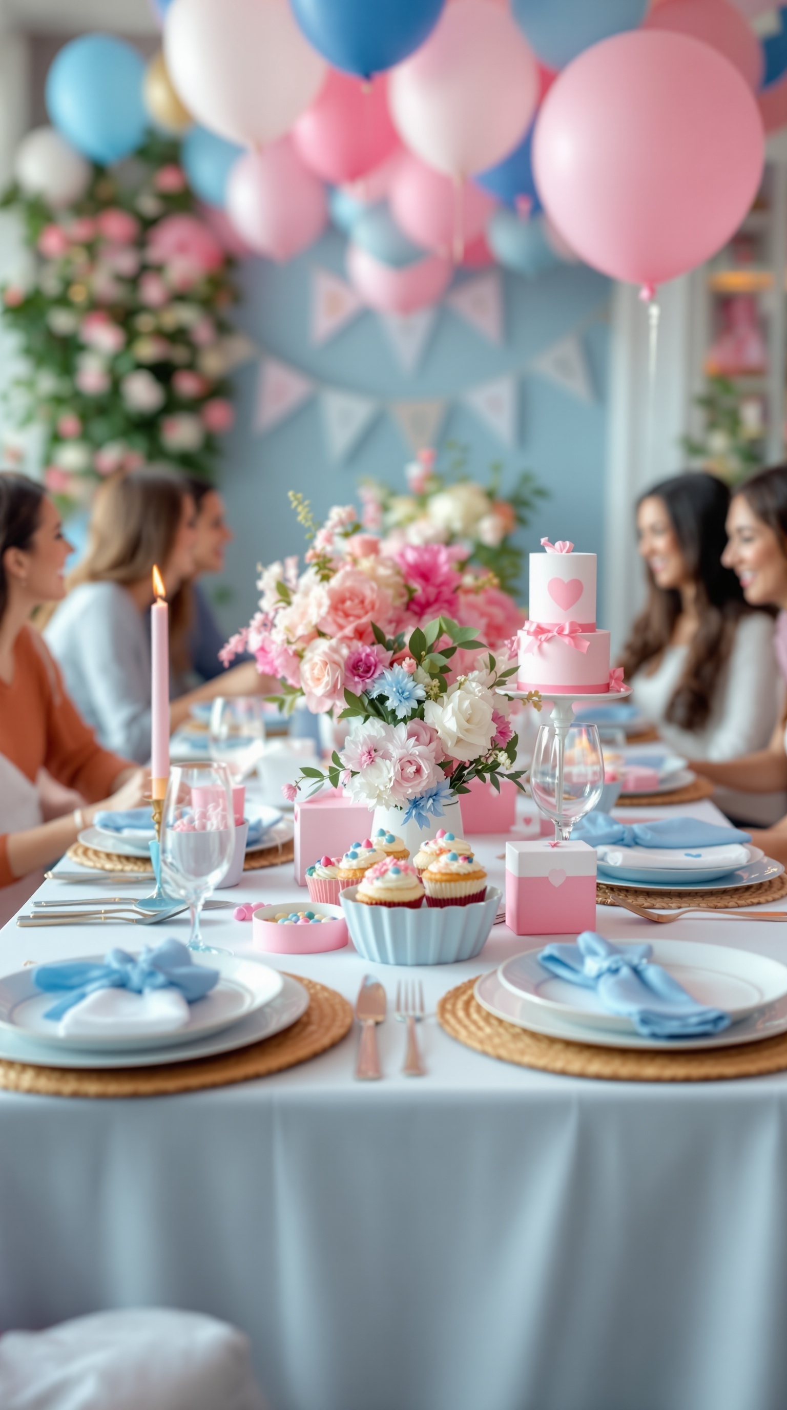 A beautifully decorated table for a gender reveal party featuring pink and blue colors, floral arrangements, and cupcakes.