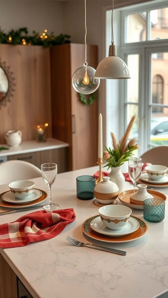 A beautifully arranged kitchen island with themed tableware for Christmas, featuring elegant dishes, sparkling glassware, and festive decorations.