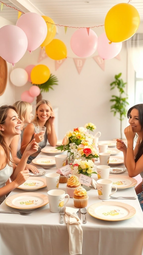 A cheerful baby shower table setting with colorful tableware, balloons, and a floral centerpiece.