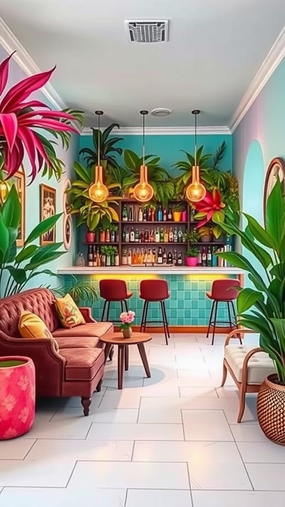 A cozy tiny bar with vibrant decor, featuring plants, colorful bottles, and comfortable seating.