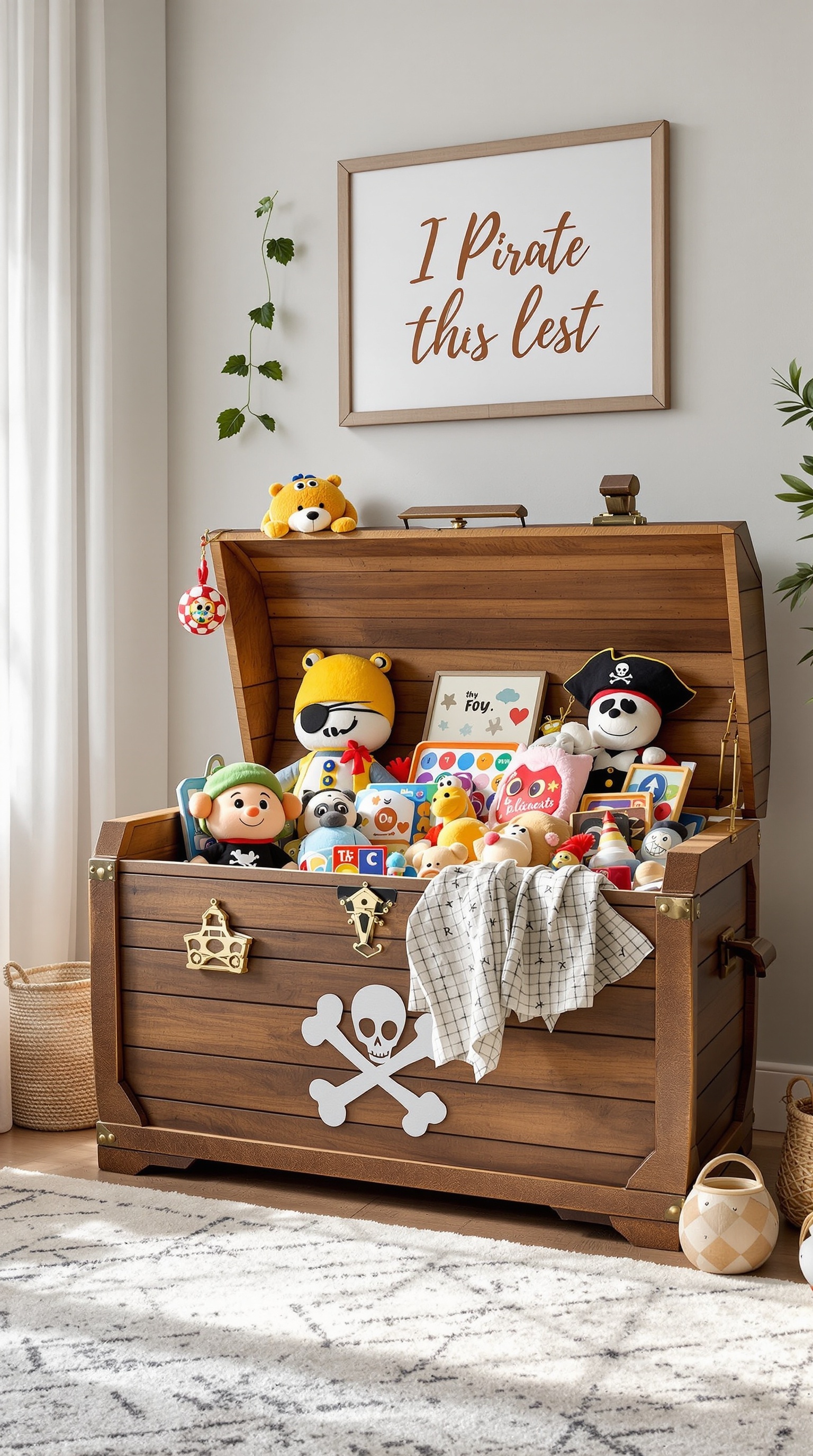 A pirate-themed toy chest filled with colorful plush toys and games, featuring a playful skull and crossbones design.