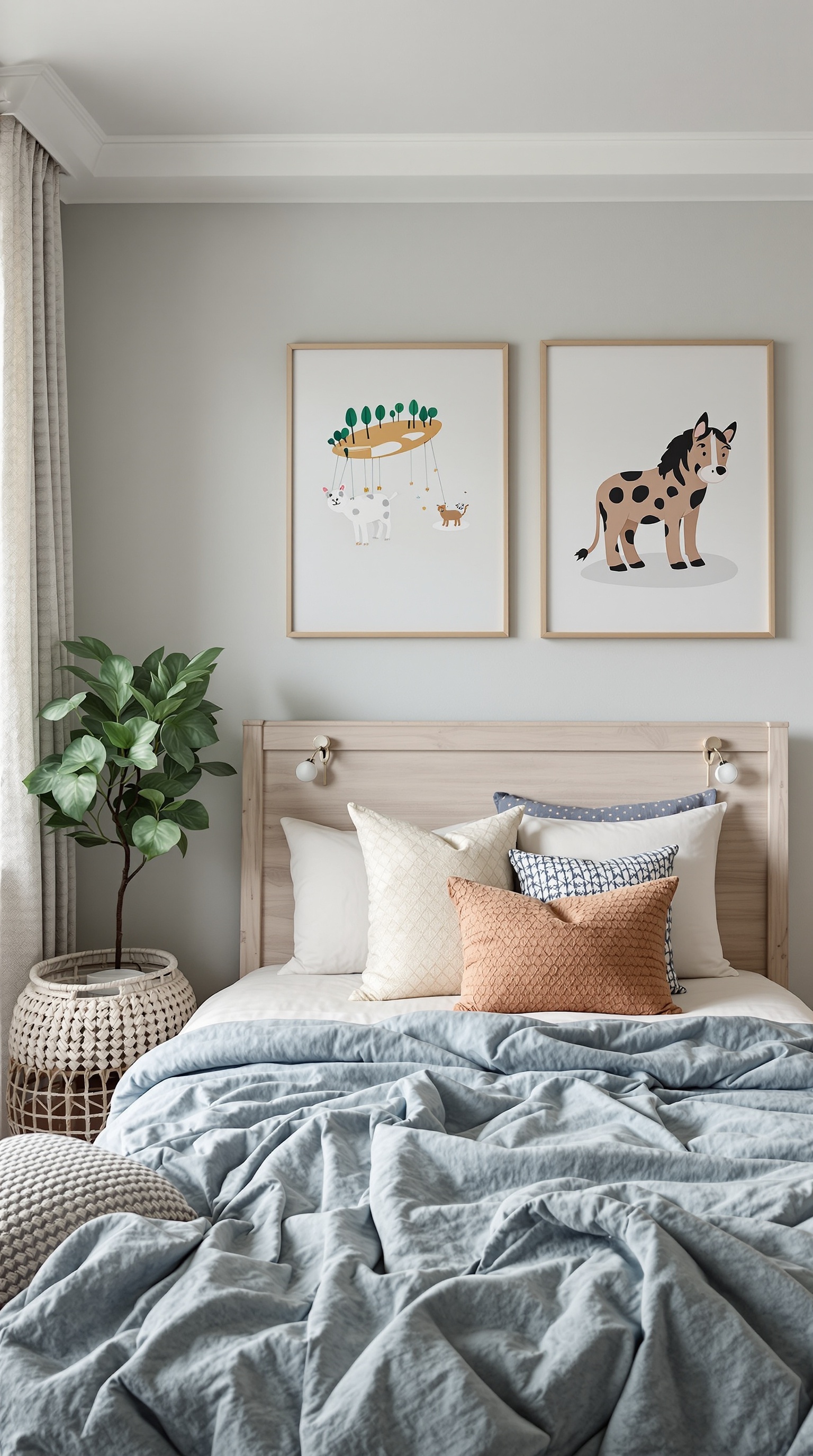 A cozy kids bedroom with animal-themed wall art and soft bedding.