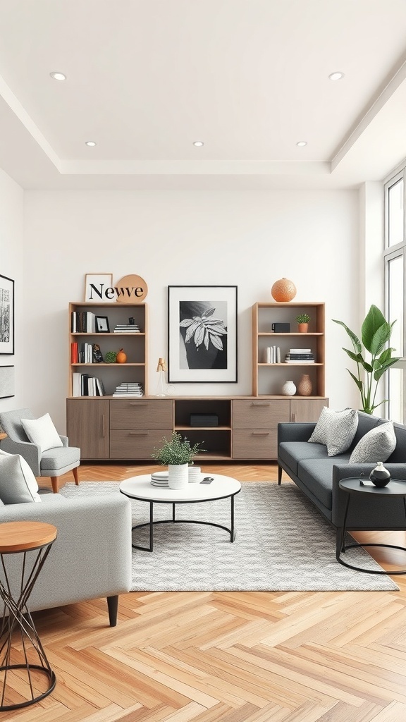 Cozy contemporary living room with thoughtful storage solutions, featuring sleek shelving and a low-profile media console.