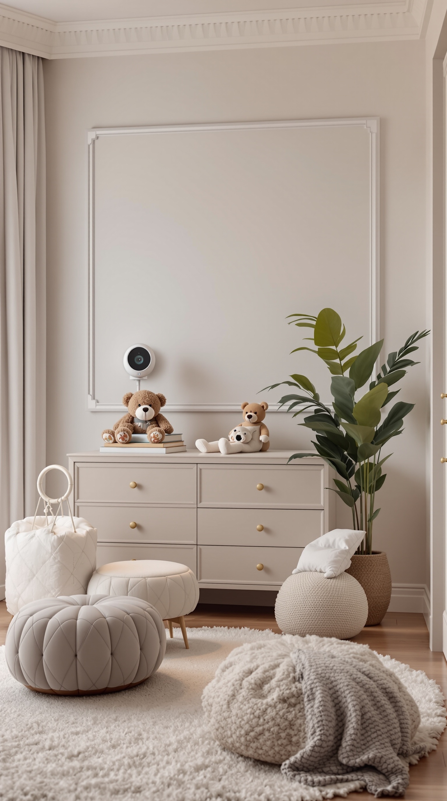 A luxury baby room featuring a dresser with plush toys, a smart device, and cozy seating.