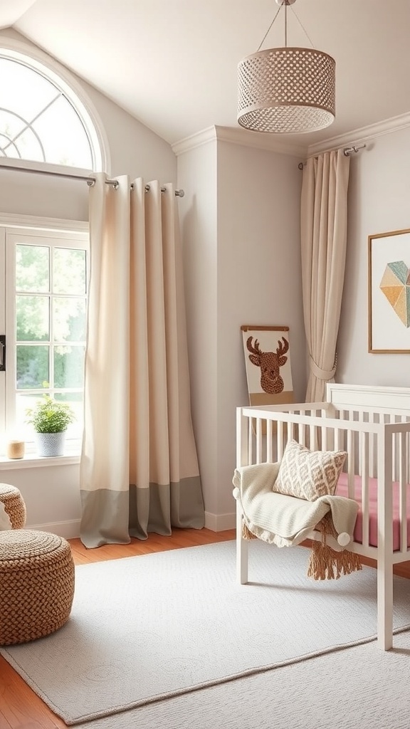 A small nursery with light-colored curtains, a crib, and a cozy atmosphere.
