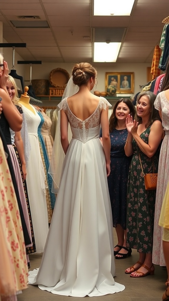 A bride tries on a wedding dress in a thrift store, surrounded by friends who are cheering and supporting her.