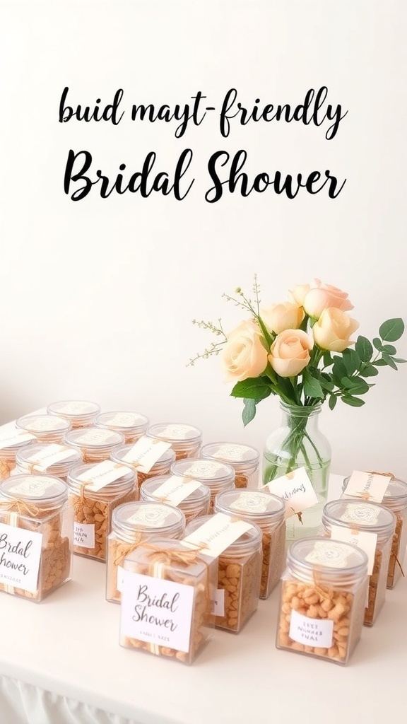 Bridal shower favors in clear jars on a table with flowers.