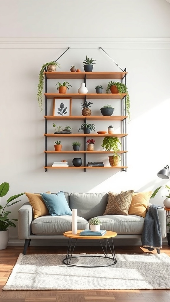 A stylish tiered hanging shelf filled with various plants and decorative items, suspended above a cozy sofa.
