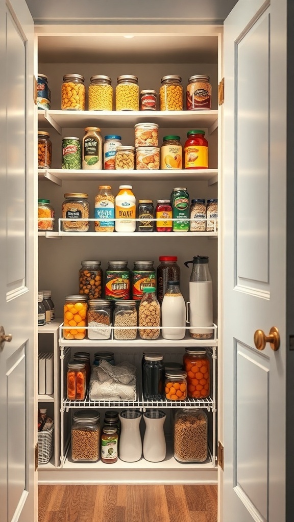 Organized pantry with tiered shelves displaying jars and containers.