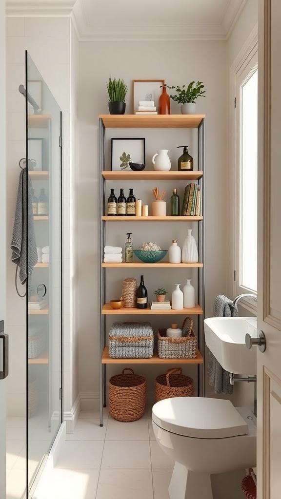 Tiered shelving unit in a modern bathroom with plants, toiletries, and decorative items