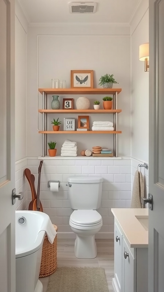 A tiered shelving unit in a bathroom displaying towels, plants, and decorative items.
