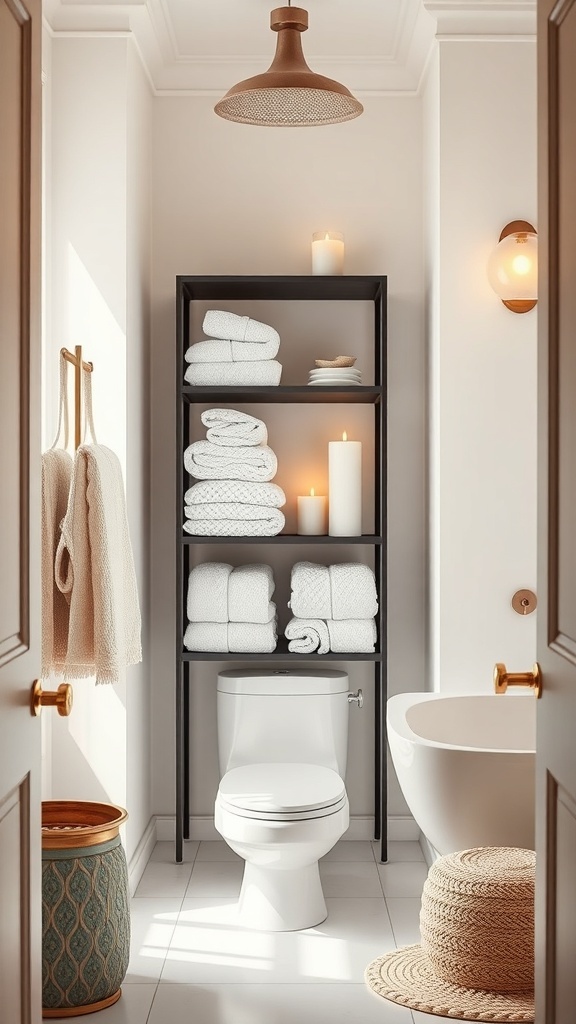A small bathroom with a tiered shelving unit filled with towels and candles