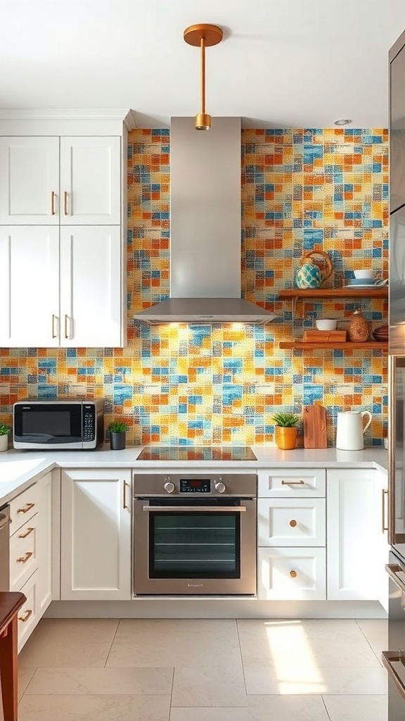 Colorful tile mosaic accent wall in a modern kitchen with white cabinets and stainless steel appliances.