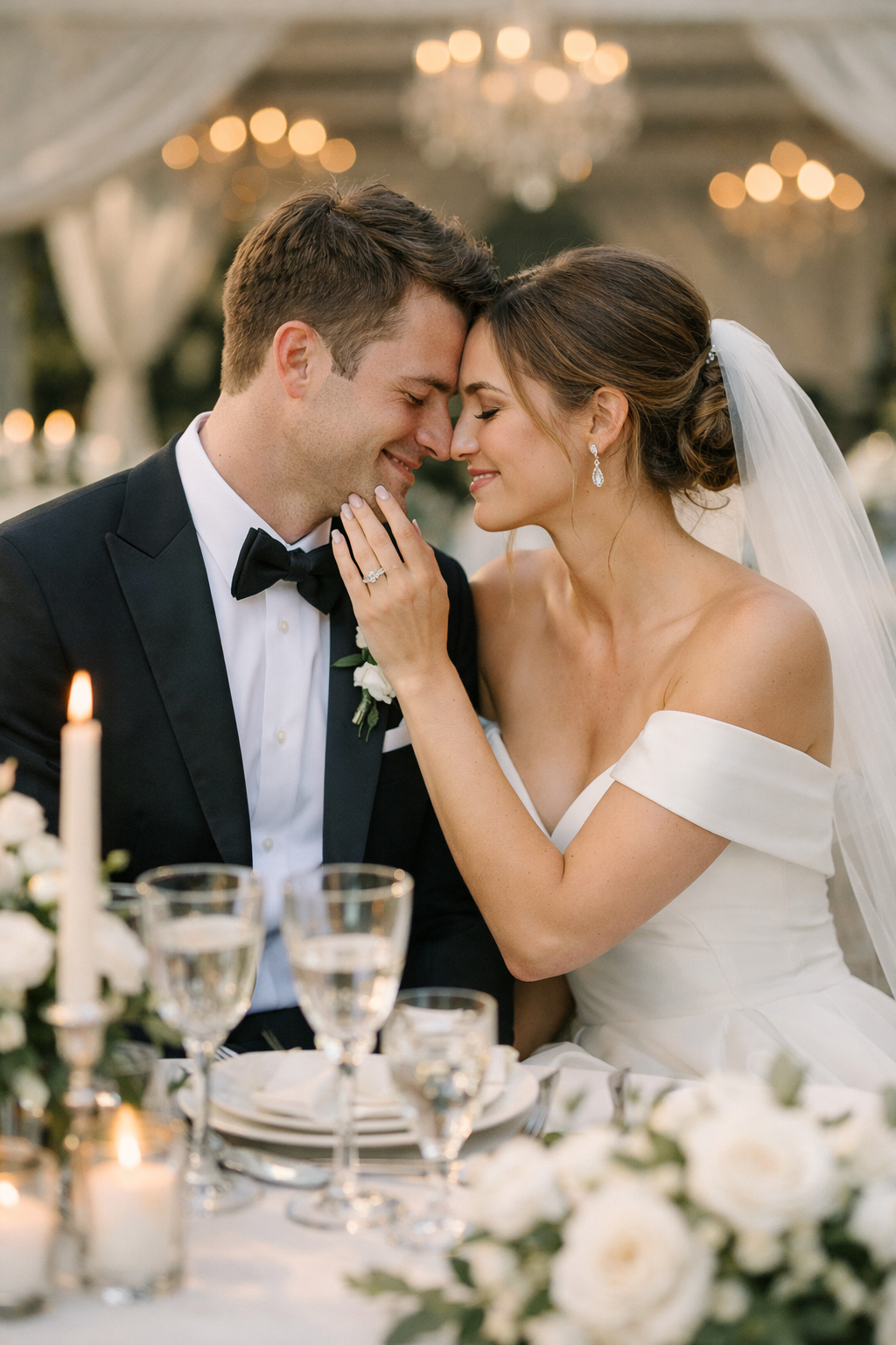 A couple sharing a tender moment at a wedding, surrounded by elegant decor featuring black and white colors.