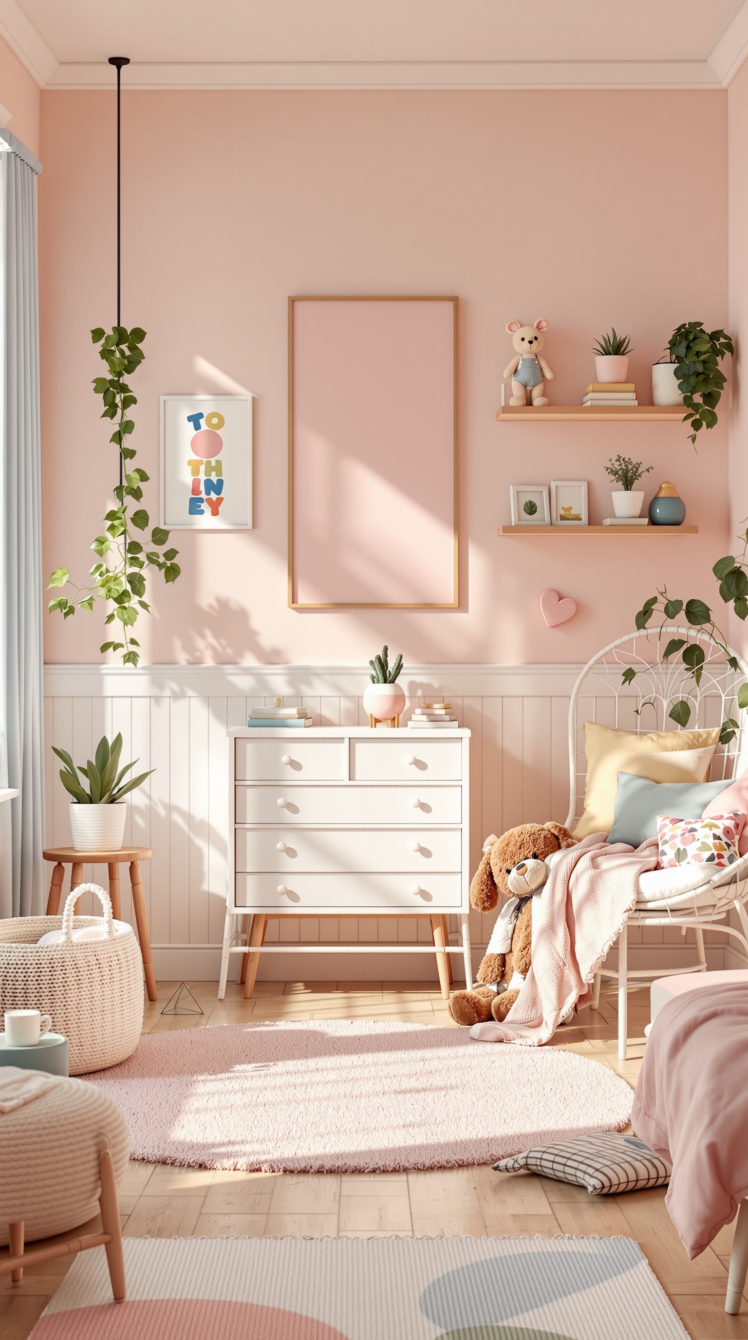 A vintage kids' room featuring soft pink walls, white furniture, and cozy textiles.