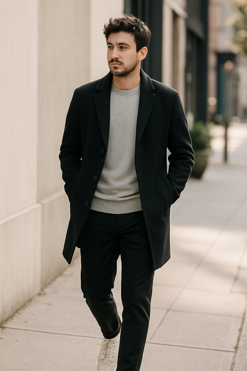 A man walking on the street in a minimalist outfit, featuring a black coat and grey sweater.
