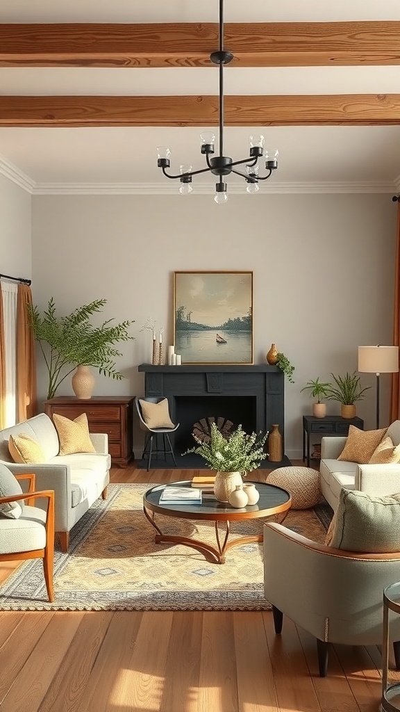 A rustic French country living room featuring wooden beams, soft sofas, and a cozy fireplace.