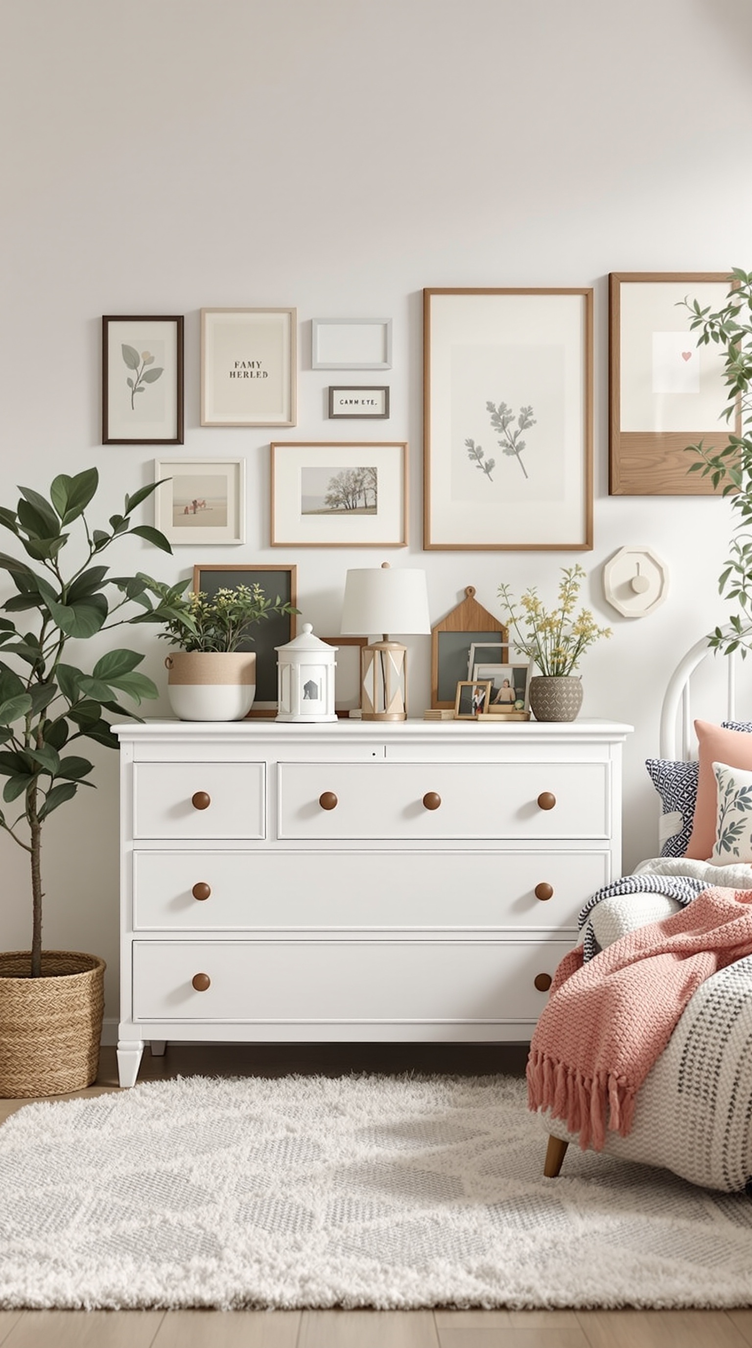 A vintage toddler room featuring a white dresser with wooden knobs, a gallery wall of framed art, and plants, creating a cozy atmosphere.
