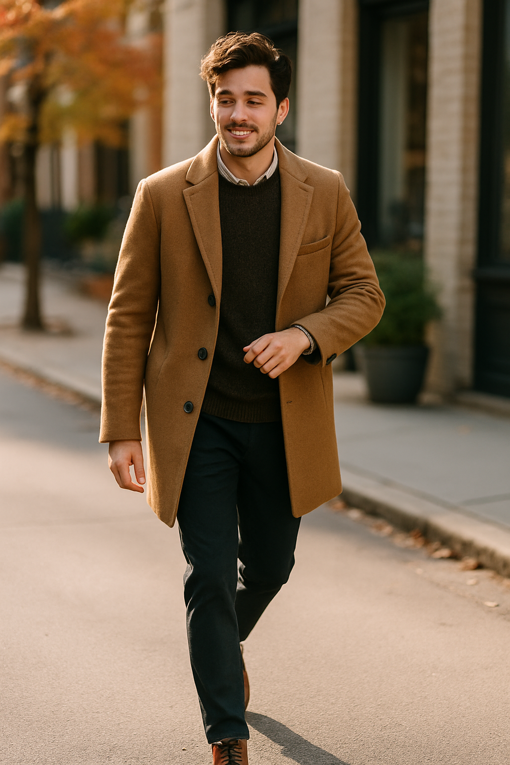 A man walking on a city street wearing a brown coat and smart trousers, embodying minimalist fashion.