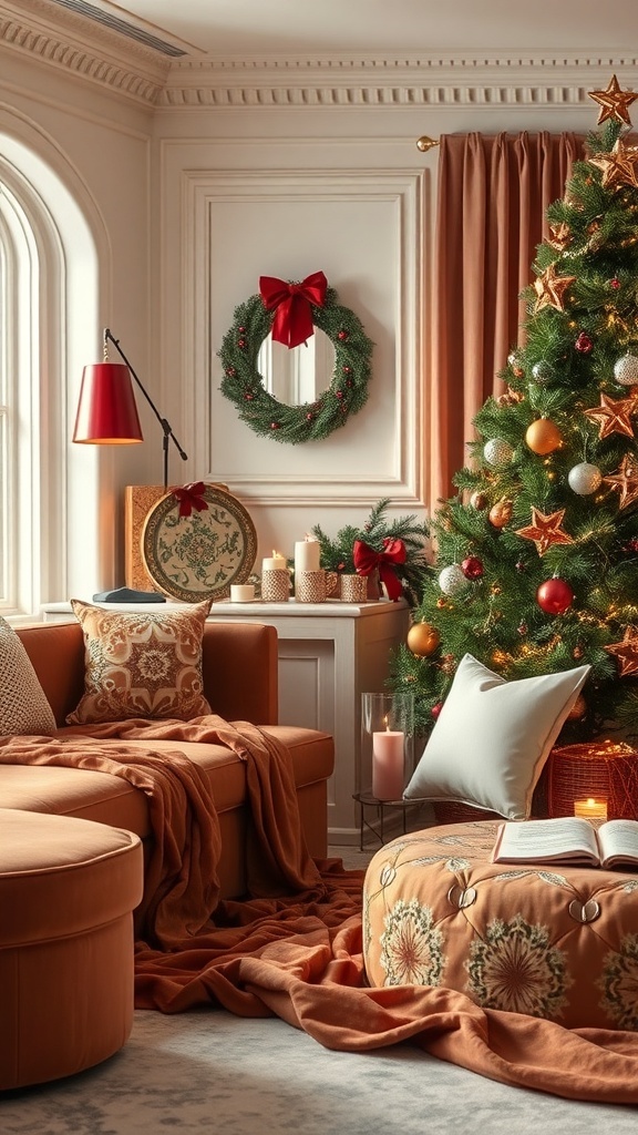 A cozy living room decorated for Christmas with a tree, warm fabrics, and festive decor.