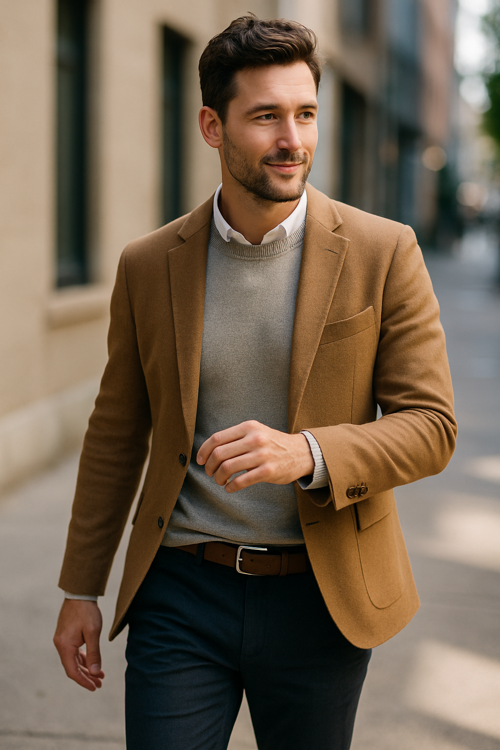 A well-dressed man walking down the street, wearing a blazer and sweater, with a leather belt.