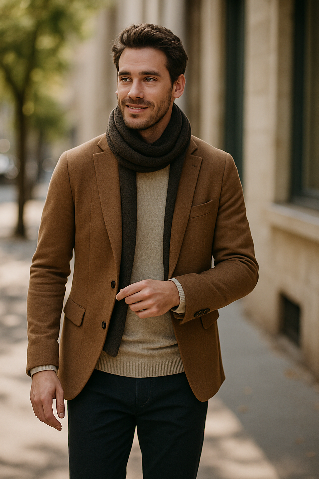 A man wearing a stylish leather jacket, walking confidently on a city street.
