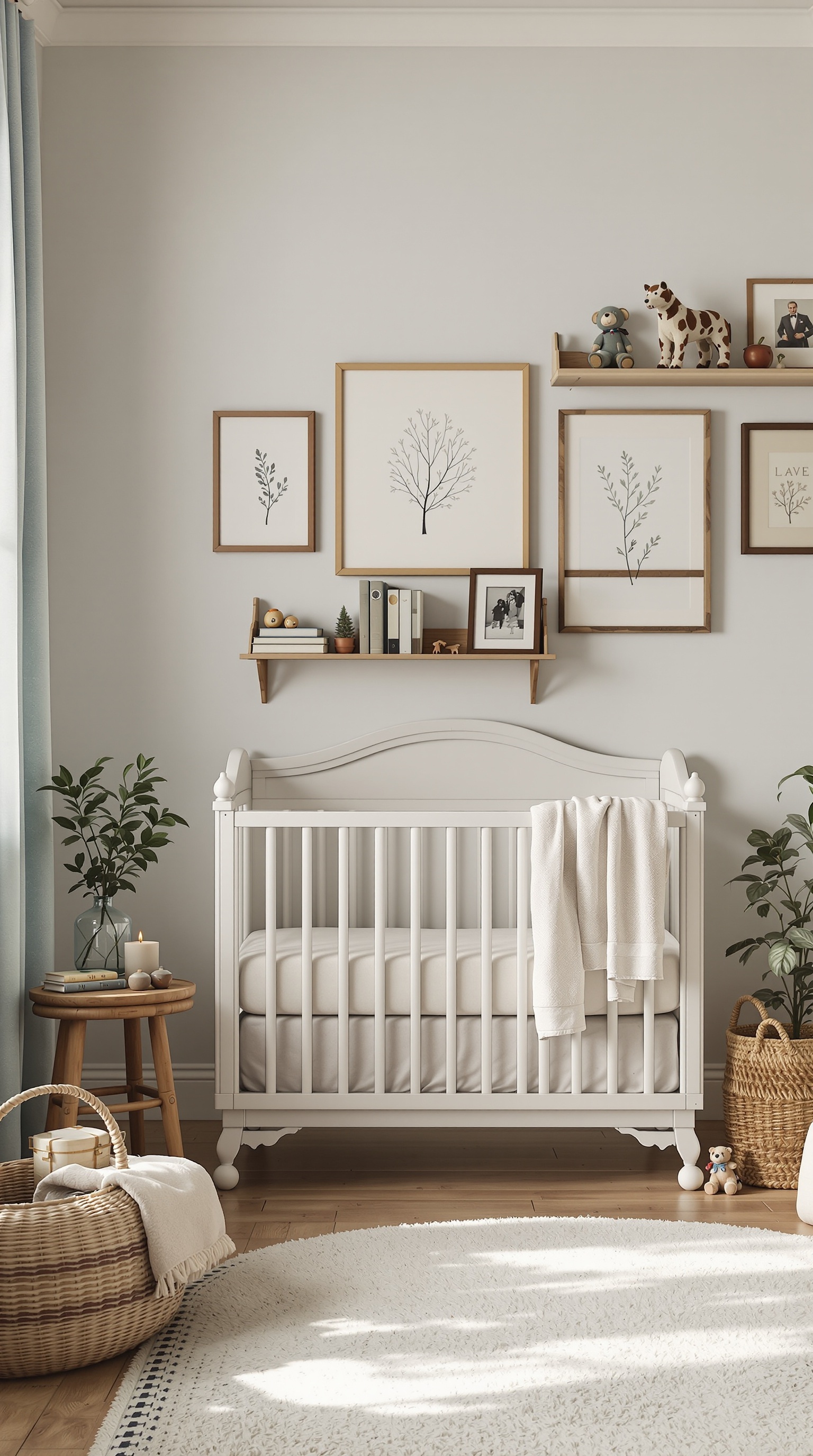 A vintage-inspired nursery featuring a white crib, framed botanical prints on the wall, a wooden side table with books and a candle, and decorative baskets.