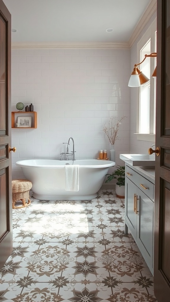 A stylish bathroom featuring patterned floor tiles, a freestanding bathtub, and modern fixtures.