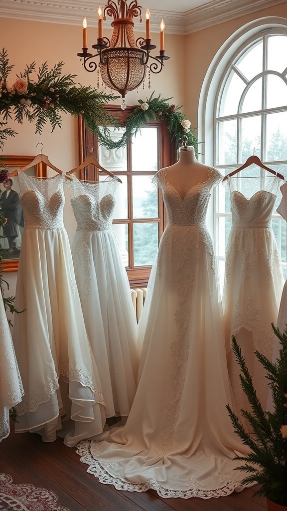 A collection of elegant winter wedding dresses displayed on hangers in a cozy setting.