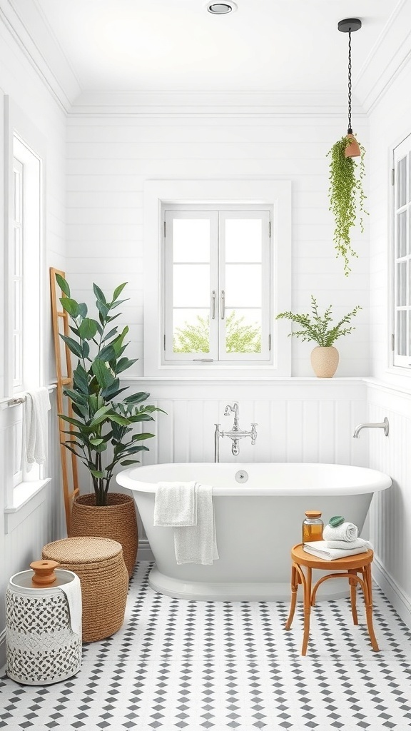 A bright white bathroom featuring a freestanding bathtub, patterned floor, and decorative plants.