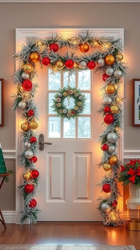 A beautifully decorated door with tinsel, baubles, and a wreath, showcasing festive colors and lights.