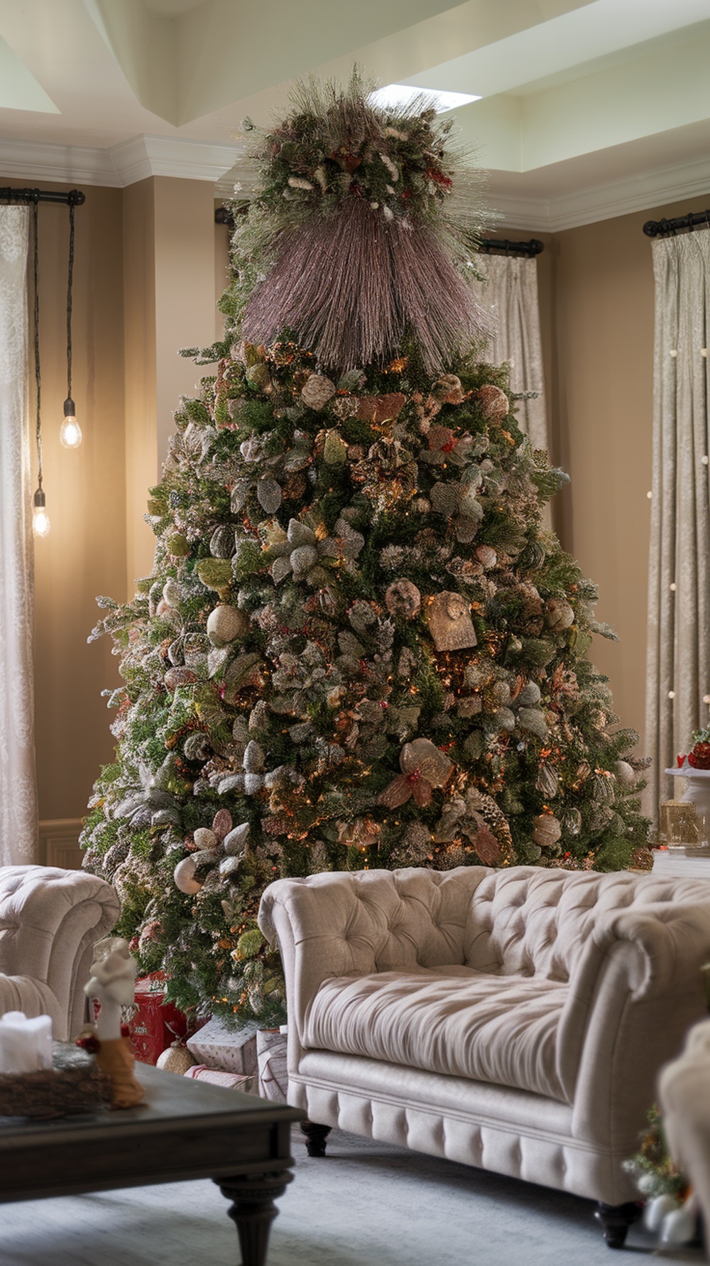 A beautifully decorated Christmas tree with a tinsel and garland topper, showcasing a festive and elegant design.