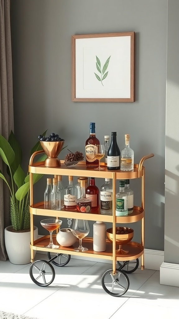 A stylish tiny bar cart with various bottles, glasses, and decorative elements.