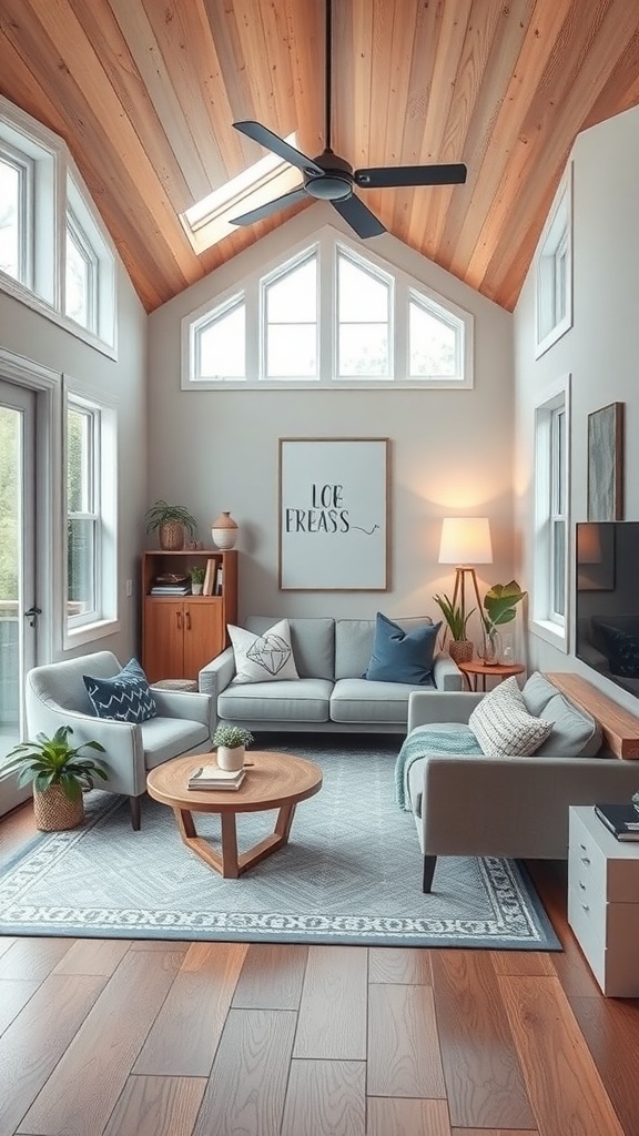 Cozy living room in a tiny house with wooden ceiling and large windows