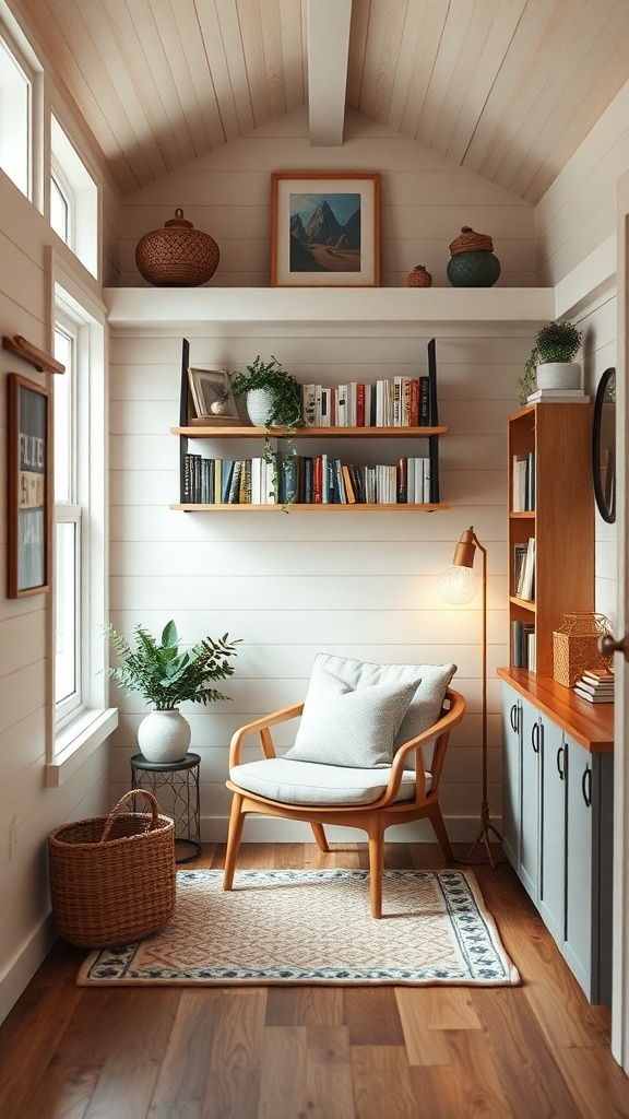 Cozy reading nook in a tiny house with a chair, bookshelves, and natural light.